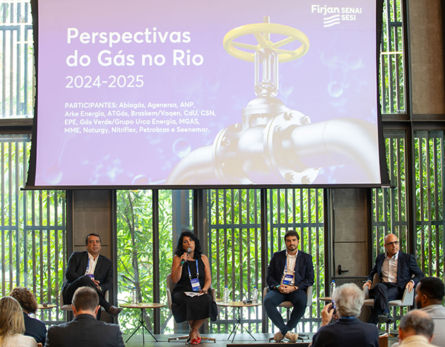 Acima: João Marcello Barreto (Petrobras), Karine Fragoso (Firjan SENAI), Henrique Baeta (MGás) e Alain Arcalji (Gás Verde)